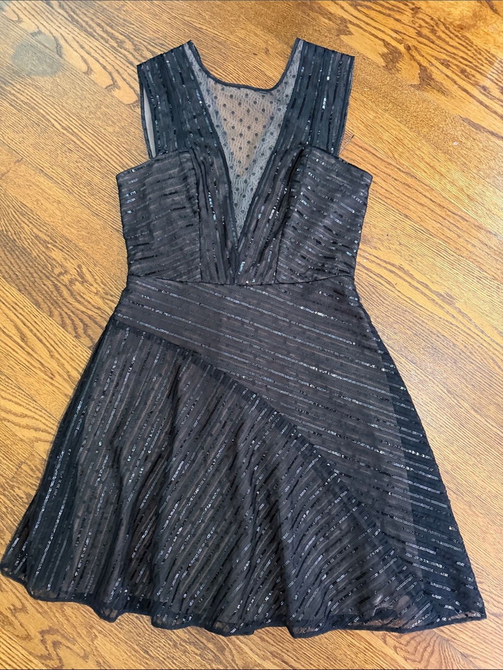 BCBGMaxAzria Black Sequined V-Neck Fit-and-Flare Mini Dress